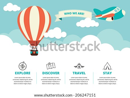 Website layout with a hot air balloon, a plane and travel icons