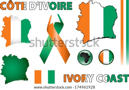 Ivory Coast Icons. Set of vector graphic images and symbols representing Ivory Coast. The text says 'Ivory Coast' in French.