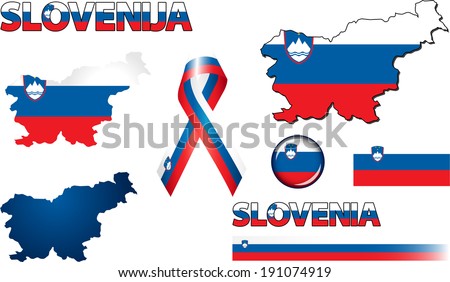 Slovenia Icons. Set of vector graphic icons and symbols representing Slovenia. The text says 'Slovenia' in the Slovene language.