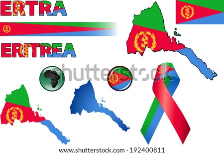 Eritrea Icons. Set of vector graphic icons and symbols representing Eritrea. The text says 'Eritrea' in the Tigrinya language.