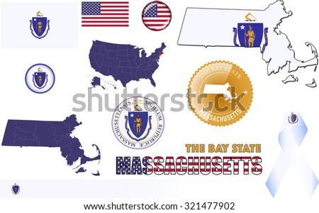 Massachusetts Icons. Set of vector graphic images and symbols representing the US State of Massachusetts.