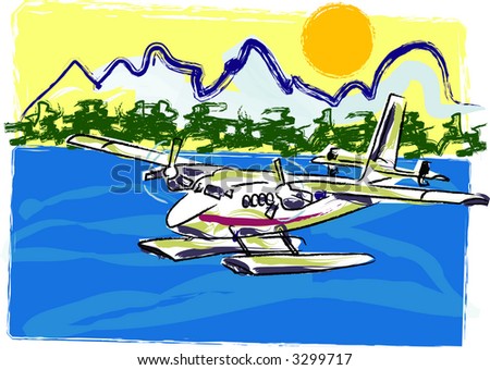 Passenger Sea Plane is featured flying over mountain lake in this sketch-like vector illustration.
