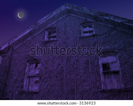 Crescent moom rising over top of old academy in ruins with vines creeping up old bricks and broken windows.