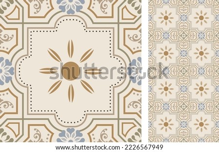 Seamless Azulejo tile. Portuguese and Spain decor. Ceramic tile with Victorian motives. Seamless Floral pattern. Vector hand drawn illustration, typical portuguese and spanish tile