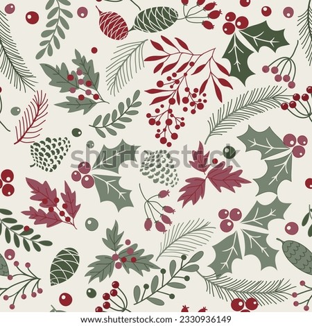 Merry Christmas, Happy New Year seamless pattern with fir cone, holly leaves and berries for greeting cards, wrapping papers. Seamless winter pattern. Vector illustration.