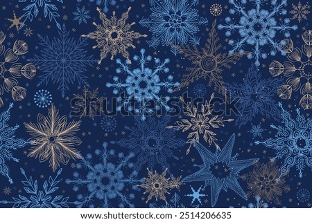 Merry Christmas, Happy New Year seamless pattern with snowflakes for greeting cards, wrapping paper. Doodles. Seamless winter pattern on black background. Vector illustration.