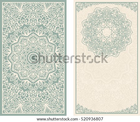 Set of wedding invitations or greeting cards with floral mandala in green and beige. Business card. Vintage decorative elements.