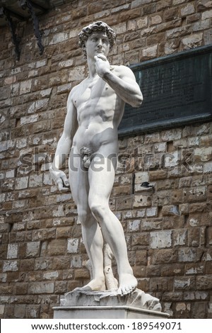 David sculpture at Piazza della Signoria in Florence, Italy, replica of the masterpiece by Michelangelo.