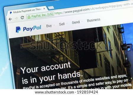 YORK, UNITED KINGDOM - MAY 3, 2014: Paypal web page after the company\'s rebranding in 2014, seen in a browser on a PC monitor. Paypal is a money transfer company with over 143 million active users.