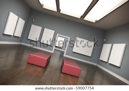 Gallery interior with blank canvases. 3D rendered image.