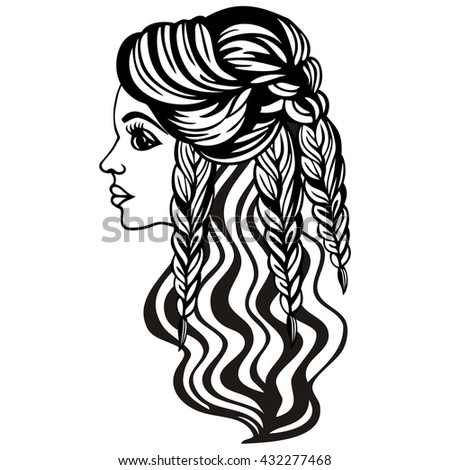 Female Silhouette With Beautiful Long Hair Braided. Fashionable Modern ...