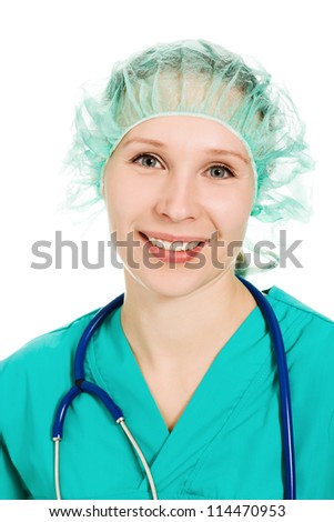 Beautiful woman doctor smiling on white background.