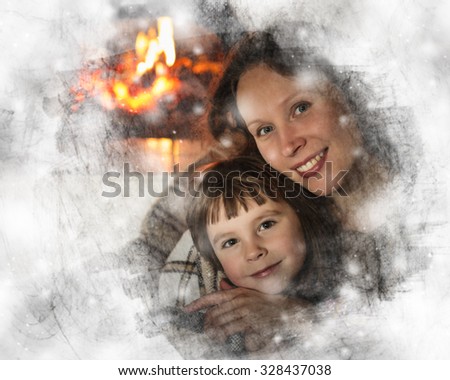 Mother and daughter sitting by the fireplace with a frozen window.