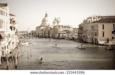 The Canal Grande of Venice with Santa Maria della Salute church in vintage style, Italy