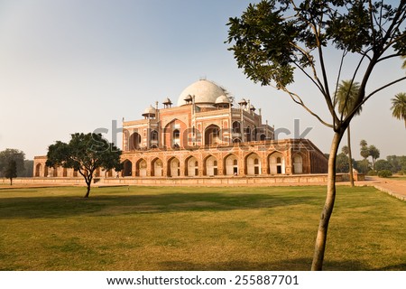 The tomb of mughal emperor Humayun seen from its gardens in New Delhi in India