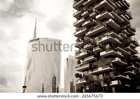 Milan, Italy - 2014, November 16 : The Unicredit tower and Vertical Forest apartment building in the Porta Nuova area of Milano, Lombardy, Italy