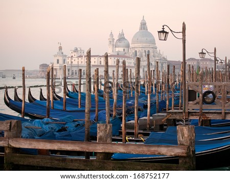 row of gondolas closeup and Salute church on blurry morning background