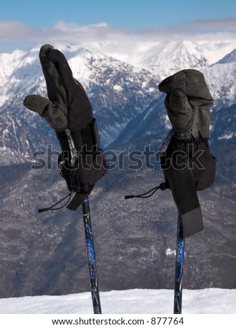 pair of ski mittens on ski poles
