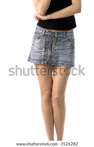 Bare Legs Of Girl In Short Jeans Skirt, Isolated On White Stock Photo ...