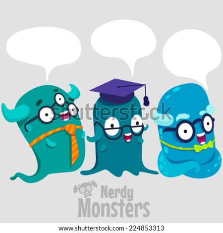 Set of cute nerdy monsters with speech bubbles