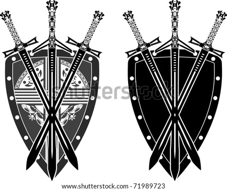 Three Swords And Shield. Stencil. Vector Illustration - 71989723 ...