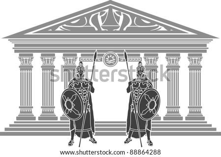 two titans and temple of atlantis. stencil. vector illustration