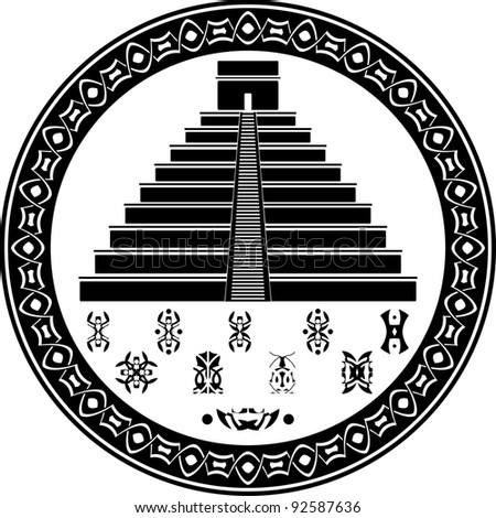 mayan pyramid and fantasy symbols. stencil. vector illustration