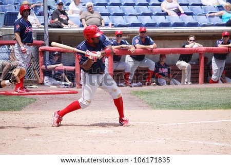 BINGHAMTON, NY - JUNE 14: Reading Phillies\' Miguel Abreu starts to swing against the Binghamton Mets at NYSEG Stadium on June 14, 2012 in Binghamton, NY