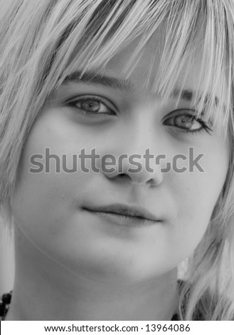 Black and white portrait, thoughtful looking girl High Key Innocent