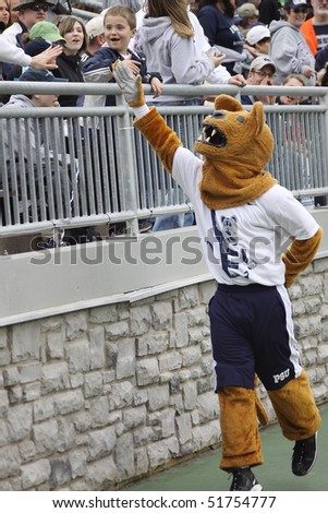 UNIVERSITY PARK, PA - APRIL 24: An Penn State mascot the Nittany Lion entertains the crowd during a game at Beaver Stadium April 24, 2010 in University Park, PA