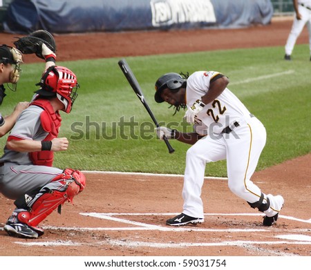 PITTSBURGH - SEPTEMBER 24 : Andrew McCutcheon of the Pittsburgh Pirates ducks on an inside pitch against the Cincinnati Reds on September 24, 2009 in Pittsburgh, PA.