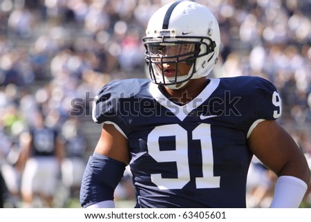 UNIVERSITY PARK, PA - OCT 9: Penn State's Defensive Lineman #91 DaQuann Jones warms upbefore a game against Illinois at Beaver Stadium October 9, 2010 in University Park, PA