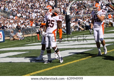 UNIVERSITY PARK, PA - OCT 9: Illinois players react after a punt goes in the end zone during a game against Penn State at Beaver Stadium October 9, 2010 in University Park, Pa