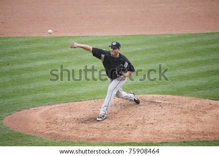 SCRANTON, PA -April 24: Syracuse Skychiefs\' pitcher Yunesky Maya fires a pitch during a game against the Scranton Wilkes Barre Yankees at PNC Field  on April 24, 2011 in Scranton, Pa