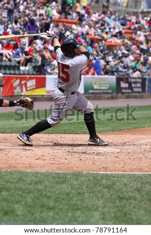 SCRANTON, PA - MAY 24:Indianapolis Indians catcher Dusty Brown swings at a pitch in a game against the Scranton Wilkes Barre Yankees at PNC Field on May 24, 2011 in Scranton, PA.