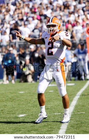UNIVERSITY PARK, PA - OCT 9: Illinois quarterback No. 2, Nathan Scheelhaase motions to the sidelines during a game against Penn State at Beaver Stadium on October 9, 2010 in University Park, PA