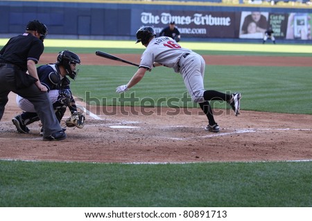 SCRANTON, PA - JULY 9: Rochester Red Wings batter Dustin Martin moves out of the way of  a pitch in a game against the Scranton Wilkes Barre Yankees at PNC Field on July 9, 2011 in Scranton, PA.