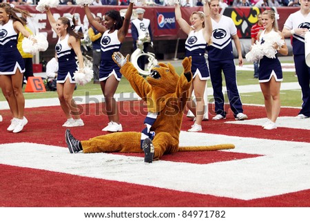PHILADELPHIA, PA. - SEPTEMBER 17: Penn State mascot the Nittany Lion celebratesafter a touchdown  during a game against Temple on September 17, 2011 at Lincoln Financial Field in Philadelphia, PA.