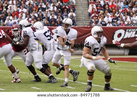 PHILADELPHIA, PA. - SEPTEMBER 17: Penn State Quarterback back Matthew McGloin throws a pass down field on September 17, 2011 at Lincoln Financial Field in Philadelphia, PA.