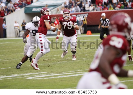 PHILADELPHIA, PA. - SEPTEMBER 17: Temple Quarterback Mike Gerardi is sacked by Penn State\'s Sean Stanley during a game on September 17, 2011 at Lincoln Financial Field in Philadelphia, PA.