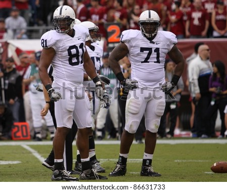 PHILADELPHIA, PA. - SEPTEMBER 17: Penn State Defensive Linemen look to the sideline during a a game with  Temple on September 17, 2011 at Lincoln Financial Field in Philadelphia, PA.