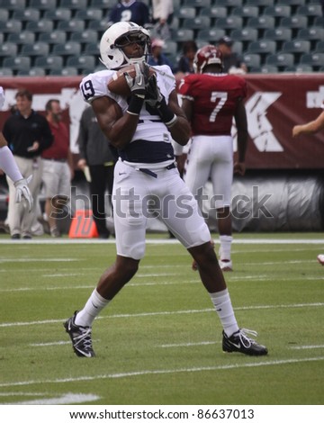 PHILADELPHIA, PA. - SEPTEMBER 17: Penn State receiver (No. 19) Justin Brown warms up before a game against Temple on September 17, 2011 at Lincoln Financial Field in Philadelphia, PA.