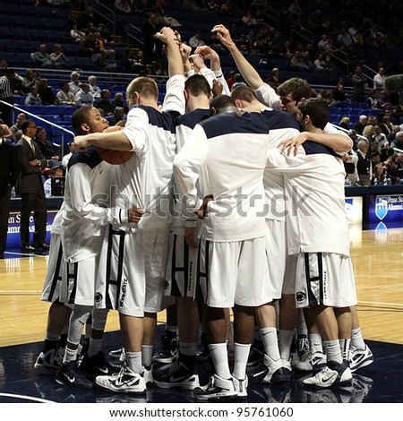 UNIVERSITY PARK, PA - FEB 16: Penn State\'s men\'s basketball team gather in a show of unity before a game against Iowa at the Byrce Jordan Center on February 16, 2012 in University Park, PA