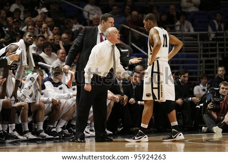 UNIVERSITY PARK, PA - FEB 16: Penn State coach Pat Chambers offers some encouragement to Jermaine Marshall against Iowa at the Byrce Jordan Center on February 16, 2012 in University Park, PA