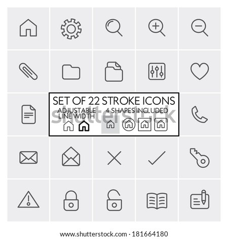 Stroke design icons set 1 / General + files + mail + etc. / Adjustable line width + 4 button shapes included / Check out the other parts of set