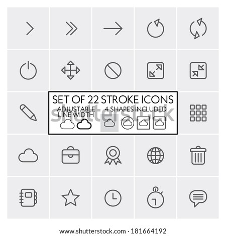 Stroke design icons set 2 / Arrows + interface + etc. / Adjustable line width + 4 button shapes included / Check out the other parts of set