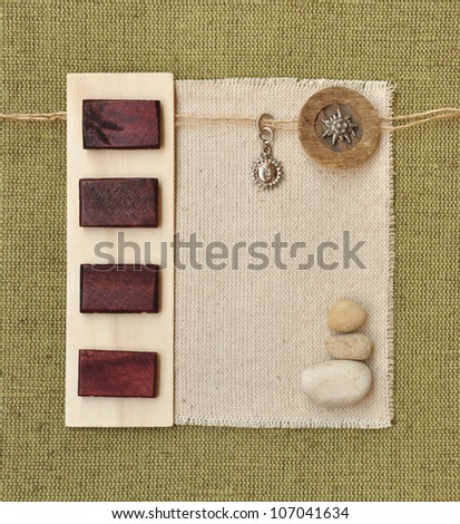 travel template frame border canvas background decorated with metal, wood buttons and stones