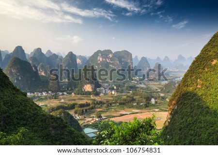 beautiful karst mountain landscape in guilin ,aerial view from yangshuo moon hill