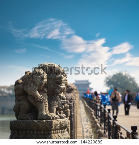 ancient stone lion on the marco polo bridge in beijing,China