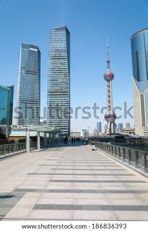 shanghai financial center scenery with sightseeing platform bridge
